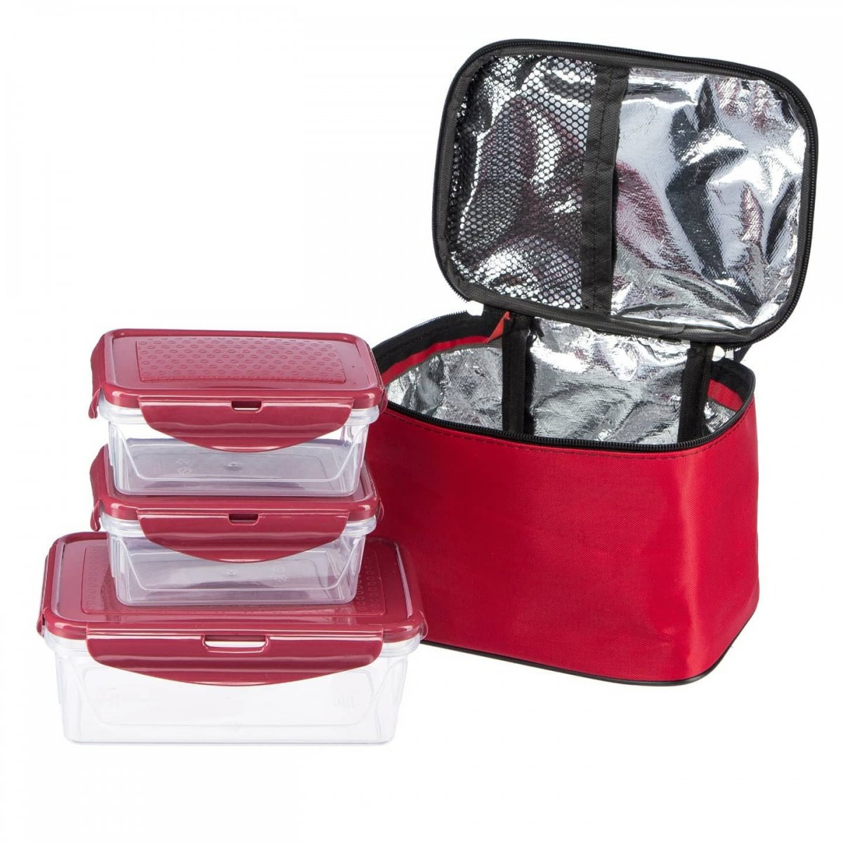 Favilla 3109 Kırmızı Renkli Termos Çanta+3 Adet Sızdırmaz Saklama Kabı ( 2 adet 420 ml ve bir adet 1.1 Litre Sızdırmaz Saklama Kutusu)